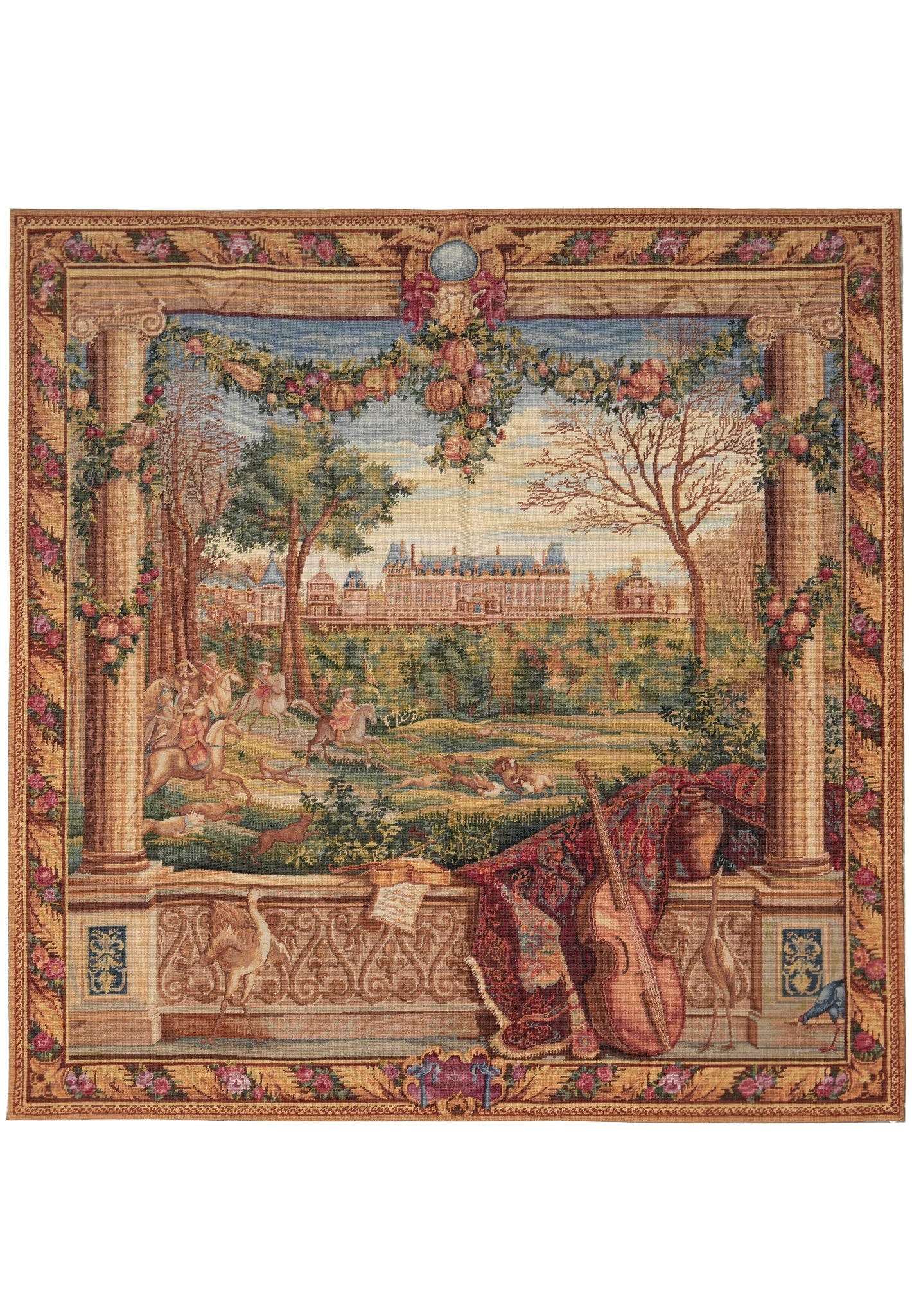 5 x 5 Square European Chateau Hunting Scene Handmade Tapestry Rug (1 of 14)