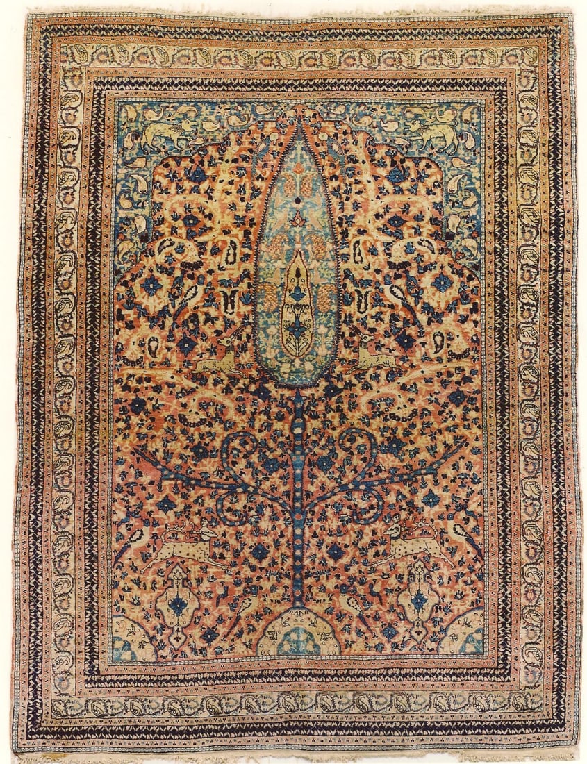 19th Century Persian Tabriz Pictorial Animal Rug 4' 6" x 6': 19th Century Persian Tabriz Pictorial Animal Rug 4' 6" x 6' A 19th century Persian Tabriz rug in a pictorial Animal Hadji Jali design. This pre-owned accent rug combines the named pictorial style and 