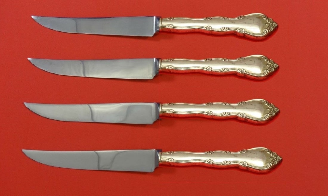 Gorham Rose Tiara Sterling Silver Steak Knife Set 4pc Custom 9 1/4": Gorham Rose Tiara Sterling Silver Steak Knife Set 4pc Custom 9 1/4" Discover the elegance of the Rose Tiara steak knife set by Gorham, featuring four exquisite pieces crafted in sterling silver with h