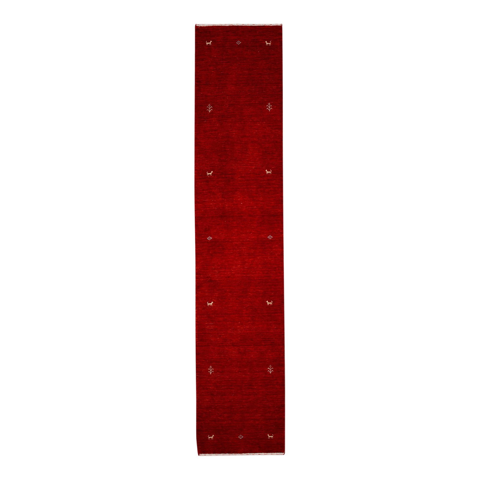 Handmade Modern Gabbeh Red Wool Runner 2'6 x 11'9: Handmade Modern Gabbeh Red Wool Runner 2'6 x 11'9 Enhance your space with this stunning Modern Gabbeh Handmade Wool Runner, featuring a vibrant red field adorned with elegant ivory accents. Its minima