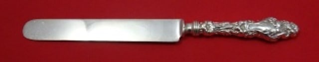 Whiting Lily Sterling Silver Dinner Knife Blunt Silverplate 9 5/8: Whiting Lily Sterling Silver Dinner Knife Blunt Silverplate 9 5/8 This exquisite dinner knife features a hollow handle crafted from sterling silver, beautifully complemented by a blunt silverplate bla