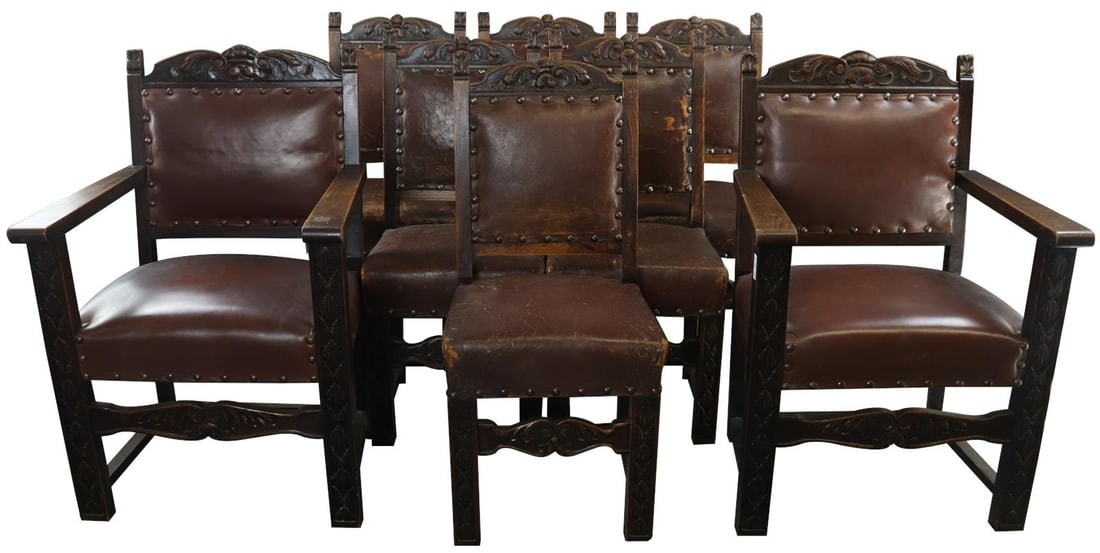 Vintage Renaissance Style Oak Dining Chairs Set 1930 Coffee Ebony: Vintage Renaissance Style Oak Dining Chairs Set 1930 Coffee Ebony This exquisite set of vintage oak dining chairs showcases a remarkable Renaissance style, perfect for adding a touch of elegance to yo