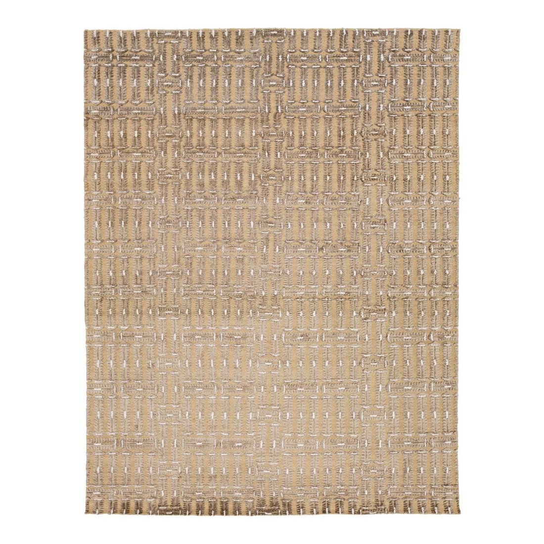 Handmade Soumak Rug 9 x 12 Geometric Pattern Tan Wool Jute Blend: Handmade Soumak Rug 9 x 12 Geometric Pattern Tan Wool Jute Blend This contemporary Soumak rug is hand-knotted with a tan field and features beige accents in an all-over geometric design. Crafted from 