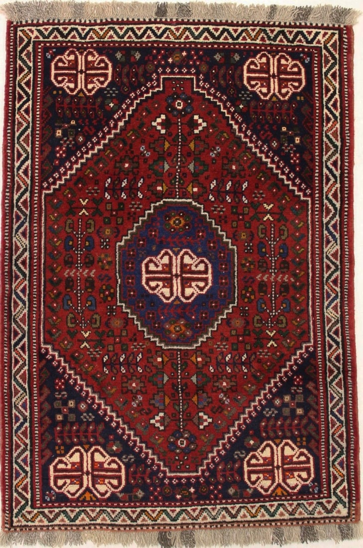 Hand-Knotted Wool Tribal Geometric Area Rug 3'5 x 5'1 Vintage Decor: Hand-Knotted Wool Tribal Geometric Area Rug 3'5 x 5'1 Vintage Decor This hand-knotted vintage tribal area rug features a geometric pattern in shades of red, ivory, navy blue, brown, and orange. Made f