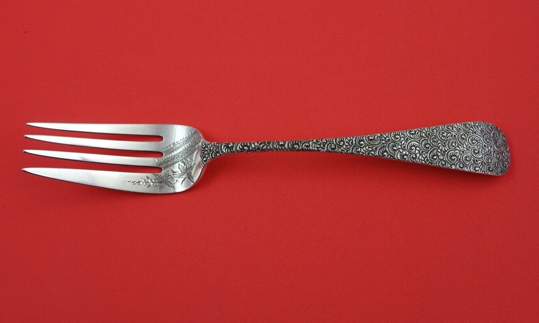 J.E. Caldwell Custom Engraved Sterling Silver Cold Meat Fork 8 3/4": J.E. Caldwell Custom Engraved Sterling Silver Cold Meat Fork 8 3/4" This exquisite serving fork is a custom engraved piece by J.E. Caldwell, crafted from sterling silver. Featuring a beautiful bright-