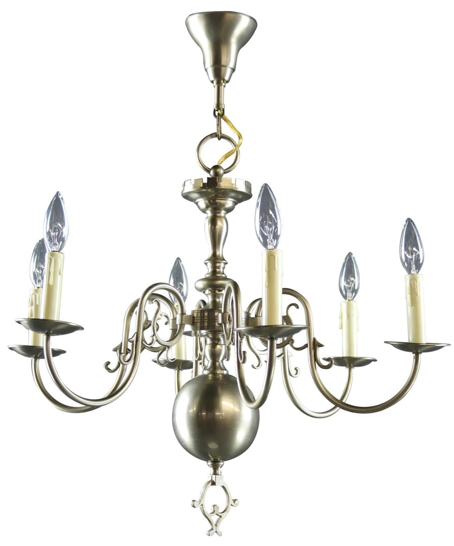 1950 Vintage Flemish 6-Arm Bowl Chandelier in Nickel: 1950 Vintage Flemish 6-Arm Bowl Chandelier in Nickel Illuminate your space with this exquisite 1950 Vintage Flemish 6-Arm Chandelier, showcasing a classic design that adds elegance to any room. Constr