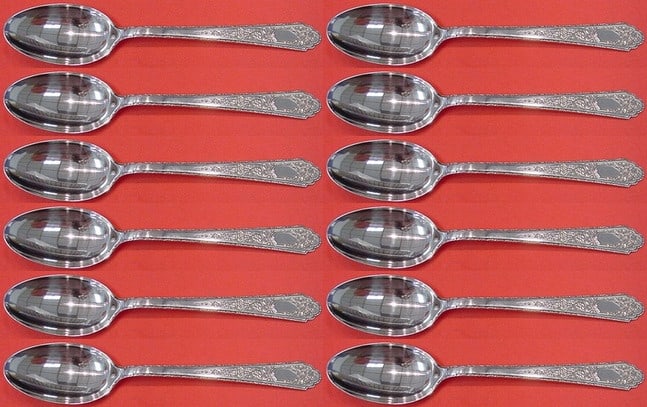 Lunt Mary II Sterling Silver Teaspoon Set 12 pcs 6 inches: Lunt Mary II Sterling Silver Teaspoon Set 12 pcs 6 inches This exquisite set of 12 teaspoons, designed in the elegant Mary II pattern by Lunt, showcases the timeless beauty of sterling silver. Each sp