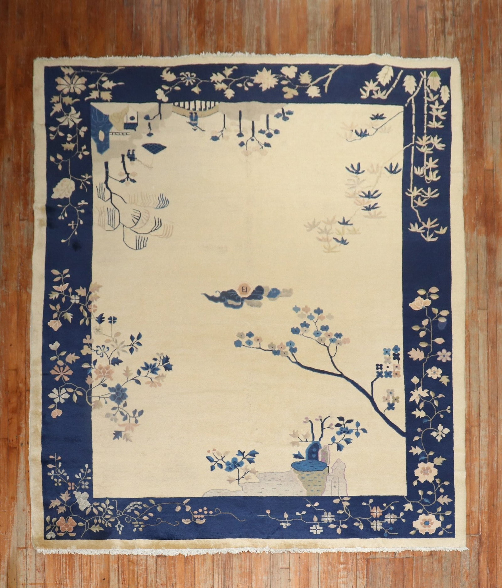 8' 8" x 11' 5" Chinese Peking Pictorial Room Rug: 8' 8" x 11' 5" Chinese Peking Pictorial Room Rug Early 20th-century Chinese Peking pictorial room-size rug in pre-owned condition with excellent full pile. The design features floral and cloud motifs.