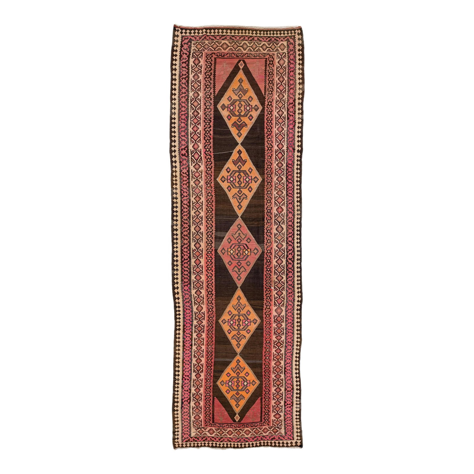 1960s Handmade Turkish Kilim Wool Runner Multicolor Tribal Design 4'10 x 15'6: 1960s Handmade Turkish Kilim Wool Runner Multicolor Tribal Design 4'10 x 15'6 This stunning vintage Turkish Kilim runner features a beautiful hand-knotted wool construction, highlighted by a vibrant p