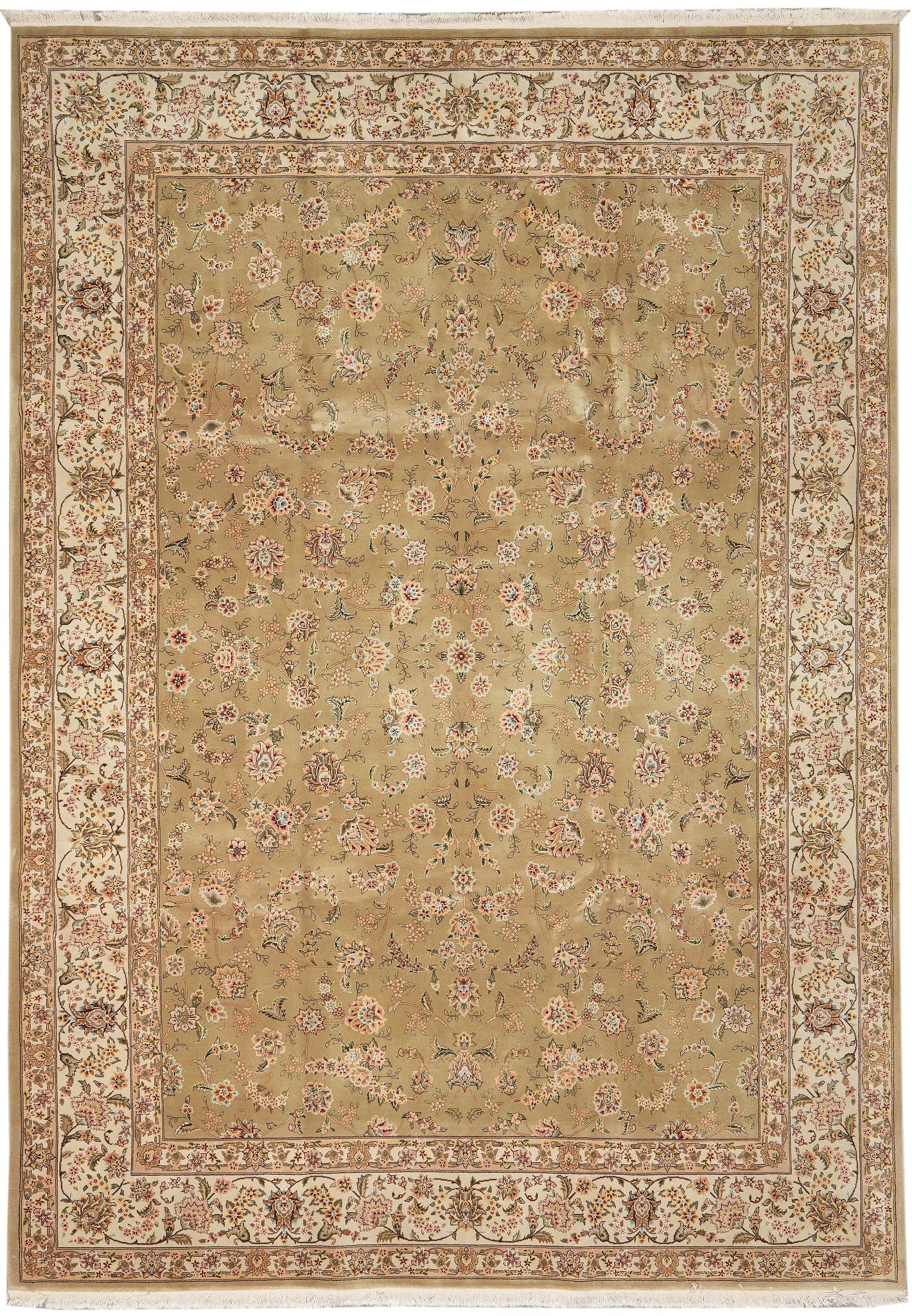 Handmade Pakistani 8.6 x 11.6 Wool Silk Rug Green Gold: Handmade Pakistani 8.6 x 11.6 Wool Silk Rug Green Gold Free continental US Shipping This handmade Pakistani rug features a premium blend of soft wool and luminous silk, presented in a sophisticated gr