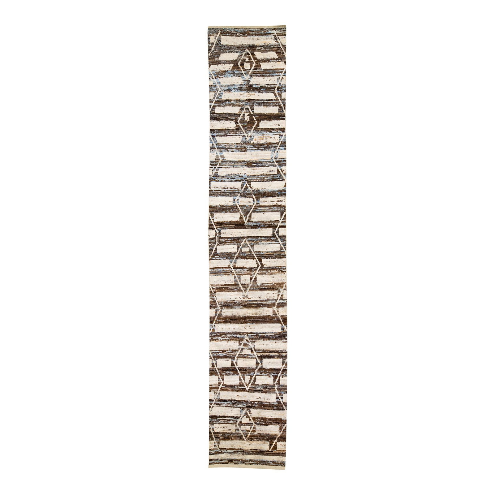 Handmade Modern Moroccan Wool Runner Beige Brown Geometric Design 2'10 x 16'1: Handmade Modern Moroccan Wool Runner Beige Brown Geometric Design 2'10 x 16'1 Elevate your space with this exquisite handmade Moroccan-style wool runner. Featuring a captivating beige and brown field,