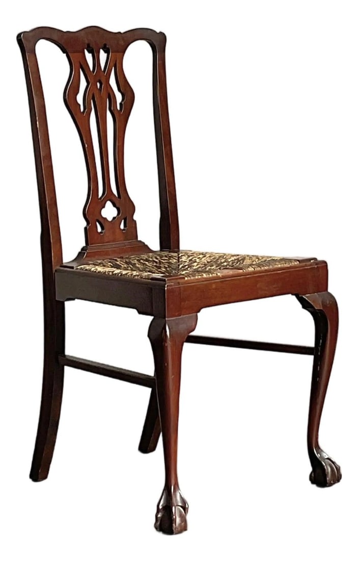 Rush Seat Side Chair with Claw and Ball Feet Regency Style: Rush Seat Side Chair with Claw and Ball Feet Regency Style This vintage Regency side chair features a hand-woven rush seat and intricately carved claw and ball feet, complemented by gracefully curved 