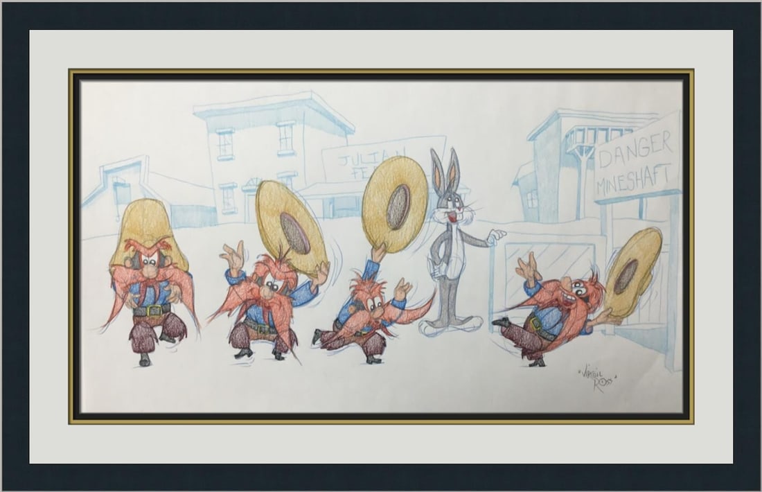 Signed Virgil Ross Bugs Bunny Yosemite Sam Model Sheet Framed Art: Signed Virgil Ross Bugs Bunny Yosemite Sam Model Sheet Framed Art This original signed model sheet drawing showcases the iconic characters Bugs Bunny and Yosemite Sam, beautifully illustrated by legen