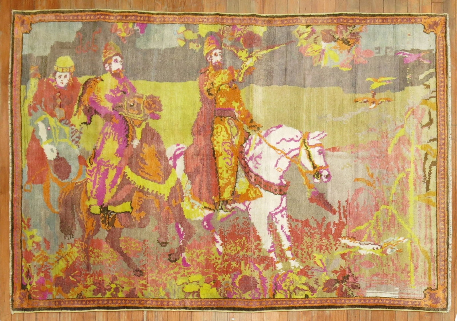 4' 9" x 7' Mid-20th Century Karabagh Pictorial Double Horse Rug: 4' 9" x 7' Mid-20th Century Karabagh Pictorial Double Horse Rug One-of-a-kind mid-20th century Karabagh pictorial rug featuring a decorative double horse scene in fluorescent colors. The design depict