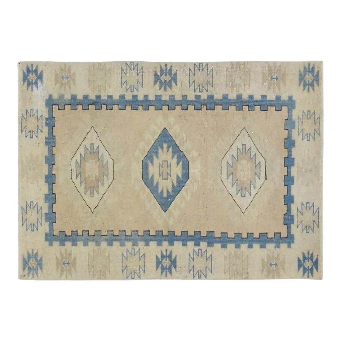 Hand-Knotted Wool Anatolian Rug in Tan 3'x4'3" Turkish Vintage: Hand-Knotted Wool Anatolian Rug in Tan 3'x4'3" Turkish Vintage This vintage Turkish Anatolian rug is expertly hand-knotted from wool using traditional techniques. The rug features a tan color palette 