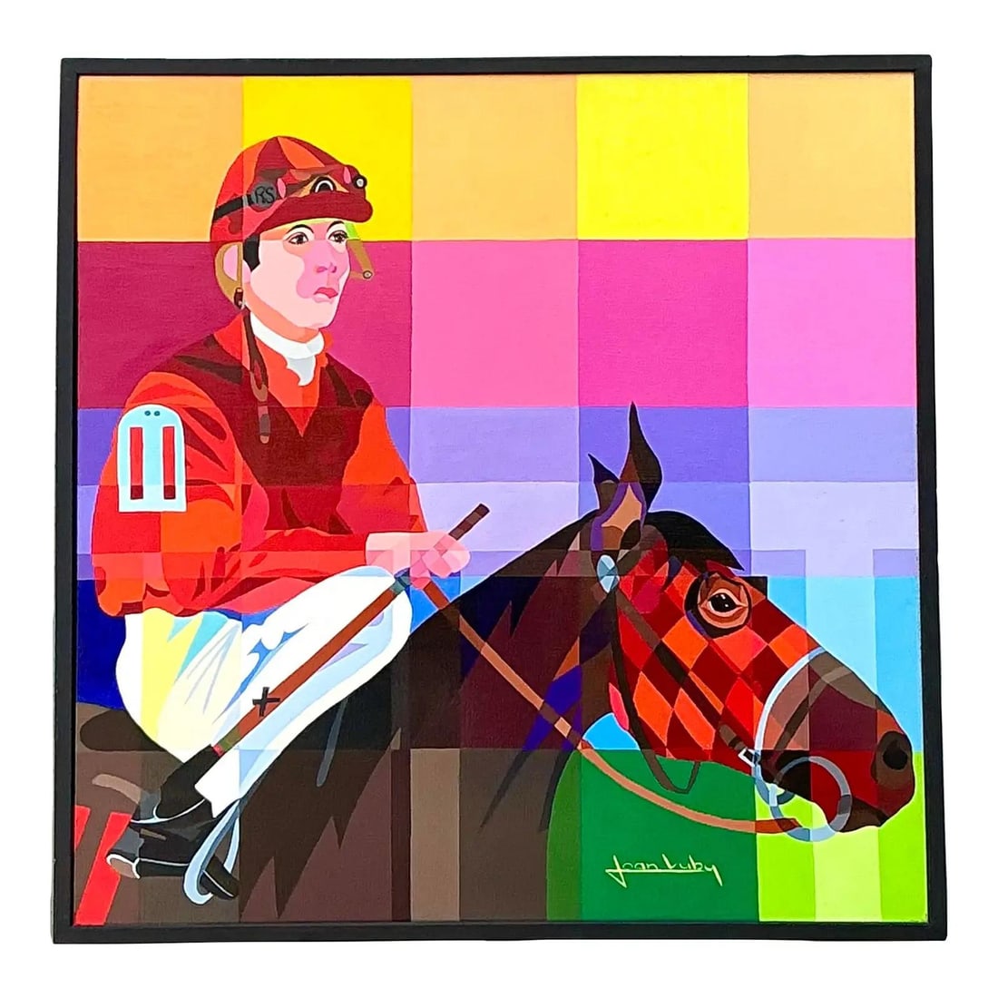 Joan Luby horse racing oil painting framed canvas: Joan Luby horse racing oil painting framed canvas This original oil painting by Joan Luby presents an abstract figurative portrayal of equestrian racing, rendered in a vibrant palette of magenta, yell