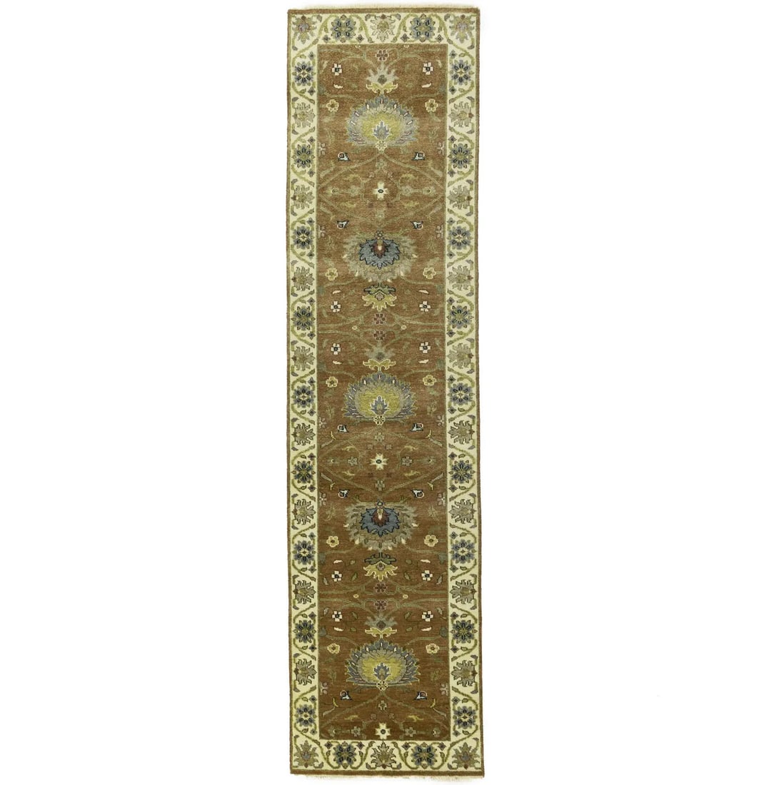2'6 x 9'11 Wool Hand Knotted Oushak Chobi Floral Runner Rug: 2'6 x 9'11 Wool Hand Knotted Oushak Chobi Floral Runner Rug Enhance your space with this exquisite Hand-Knotted Kitchen Oushak Chobi Hallway Runner Rug, designed to elevate the aesthetic of any room. 