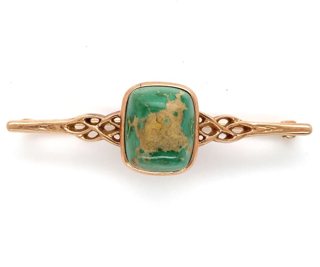 Antique 10k Rose Gold Turquoise Bar Pin 2 x 5/8 Unbranded: Antique 10k Rose Gold Turquoise Bar Pin 2 x 5/8 Unbranded This pre-owned women's pin is a woven 10k rose gold piece with a genuine natural turquoise cabochon. The rectangular cushion-cut stone is desc