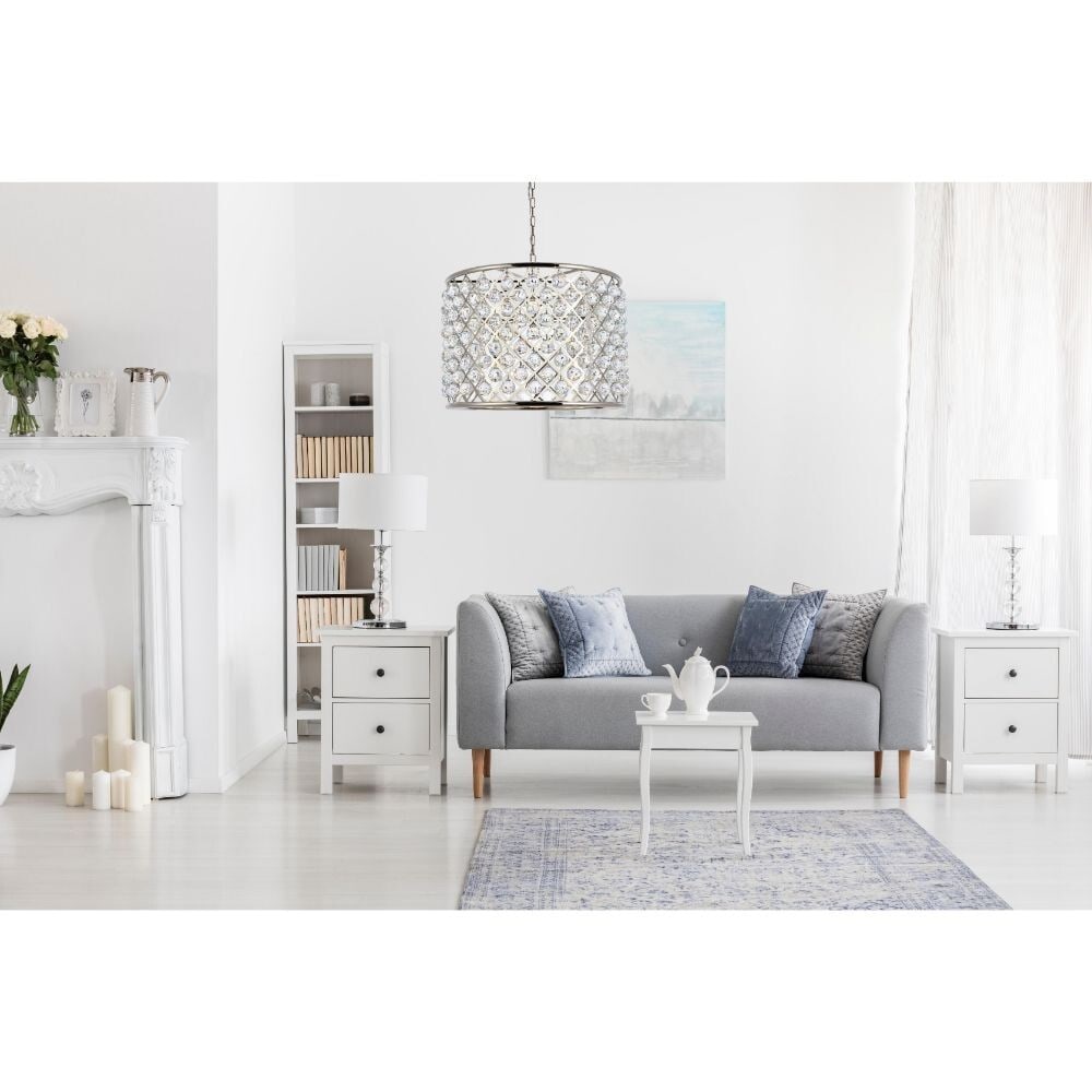 Madison 8-Light Crystal Chandelier Polished Nickel 27.5 in: Madison 8-Light Crystal Chandelier Polished Nickel 27.5 in Modern 8-light chandelier with a polished nickel finish and clear crystal construction. It features a height-adjustable design, hardwired pow