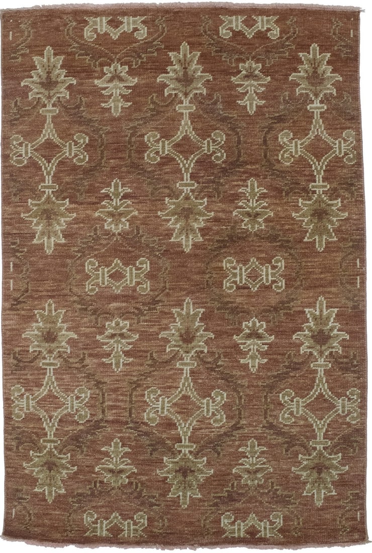 4x6 Indian Hand-Knotted Wool Rug Modern Rust Floral Pattern: 4x6 Indian Hand-Knotted Wool Rug Modern Rust Floral Pattern This handmade Oriental area rug features a modern floral design in muted tones of rust, brown, cream, and khaki. Expertly hand-knotted in In