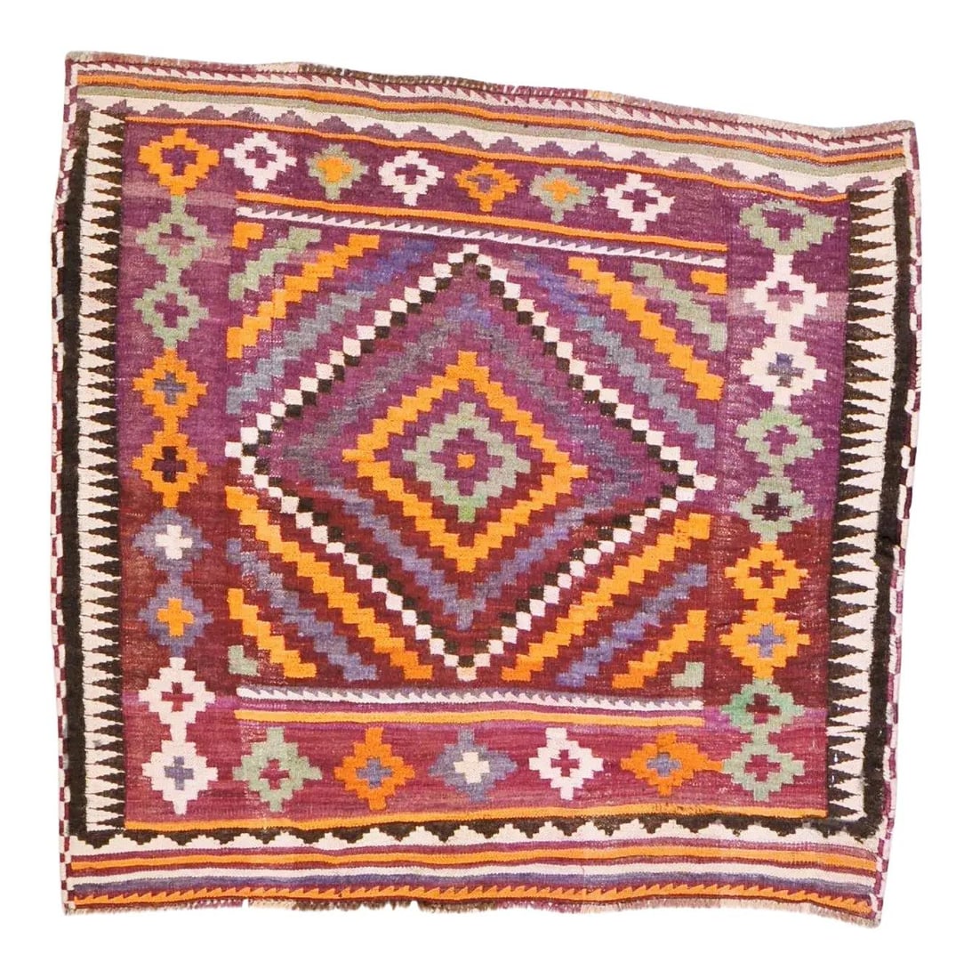 Afghan Tribal Wool Kilim Rug Fine Handwoven Vintage 3'9" x 4': Afghan Tribal Wool Kilim Rug Fine Handwoven Vintage 3'9" x 4' This vintage Afghan tribal kilim is hand woven from organic wool, featuring natural colors and a fine weave. The rug showcases a purple co