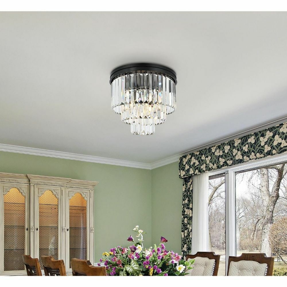 Sydney 9 Light Crystal Flush Mount Matte Black 20": Sydney 9 Light Crystal Flush Mount Matte Black 20" This 9-light flush mount chandelier features a matte black finish with clear crystal accents and a contemporary style. It is hardwired for indoor ins