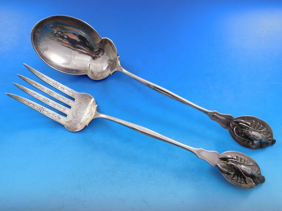 Ball Black Lobster Art Sterling Silver Salad Serving Set 12" c1865: Ball Black Lobster Art Sterling Silver Salad Serving Set 12" c1865 This exquisite Lobster Art Salad Serving Set by Ball Black, dating back to circa 1865, showcases a stunning pattern featuring intrica
