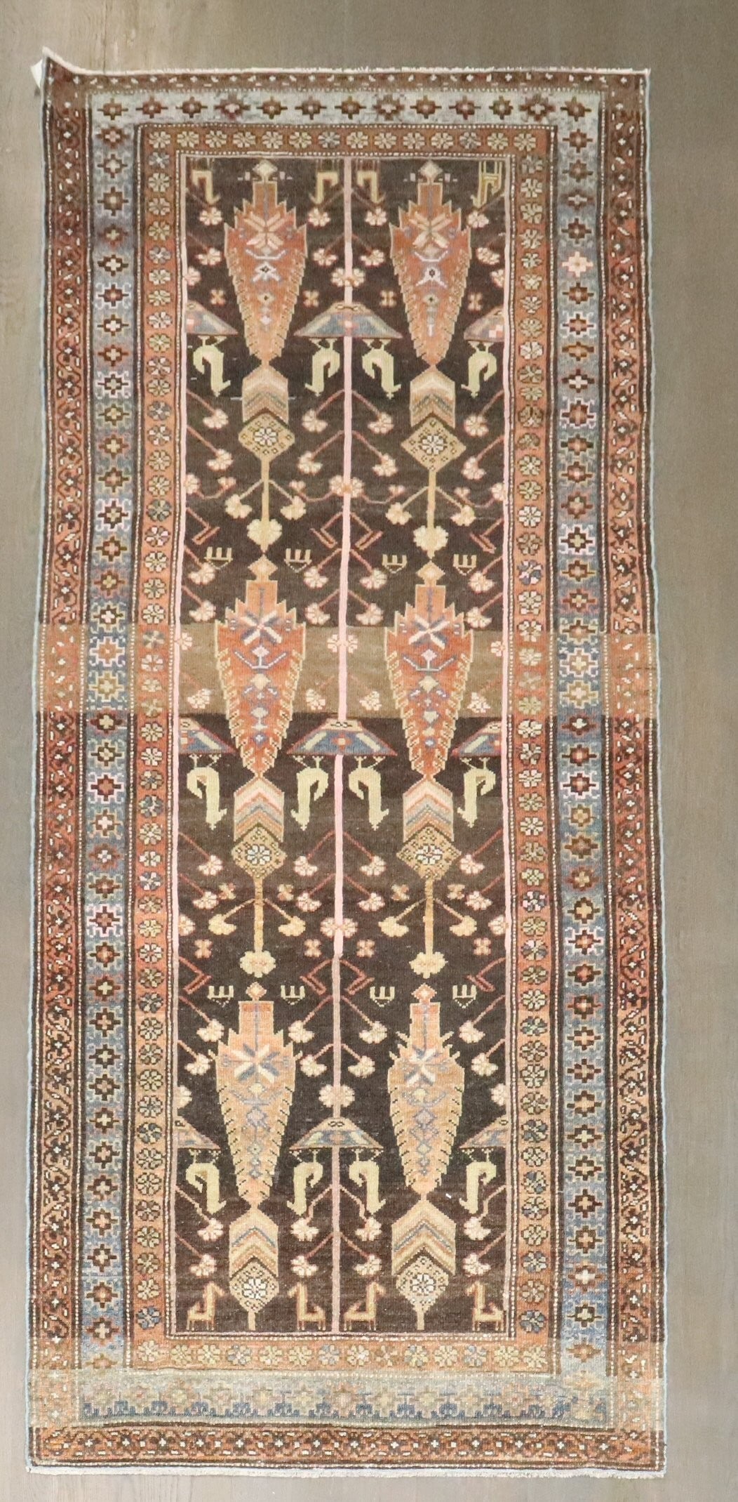 3' 3" x 7' 9" Persian Malayer Brown Runner Rug: 3' 3" x 7' 9" Persian Malayer Brown Runner Rug Early 20th-century Persian short runner in a brown colorway, identified as a Malayer runner. This pre-owned piece offers a classic narrow runner format w