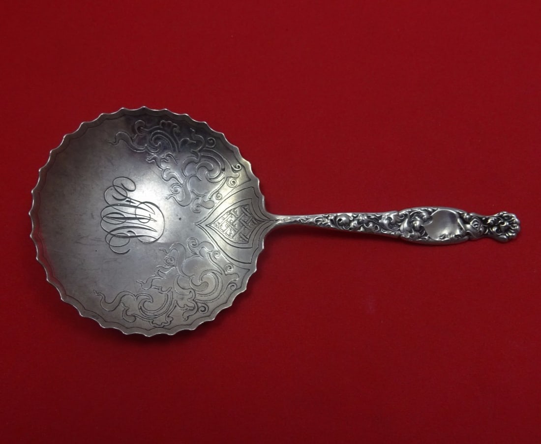 Sterling Silver Heraldic Confection Spoon with Acid Etched Monogrammed Bowl 5 Inch: Sterling Silver Heraldic Confection Spoon with Acid Etched Monogrammed Bowl 5 Inch This is a Whiting Heraldic pattern sterling silver confection spoon featuring an acid-etched bowl. The spoon is monog