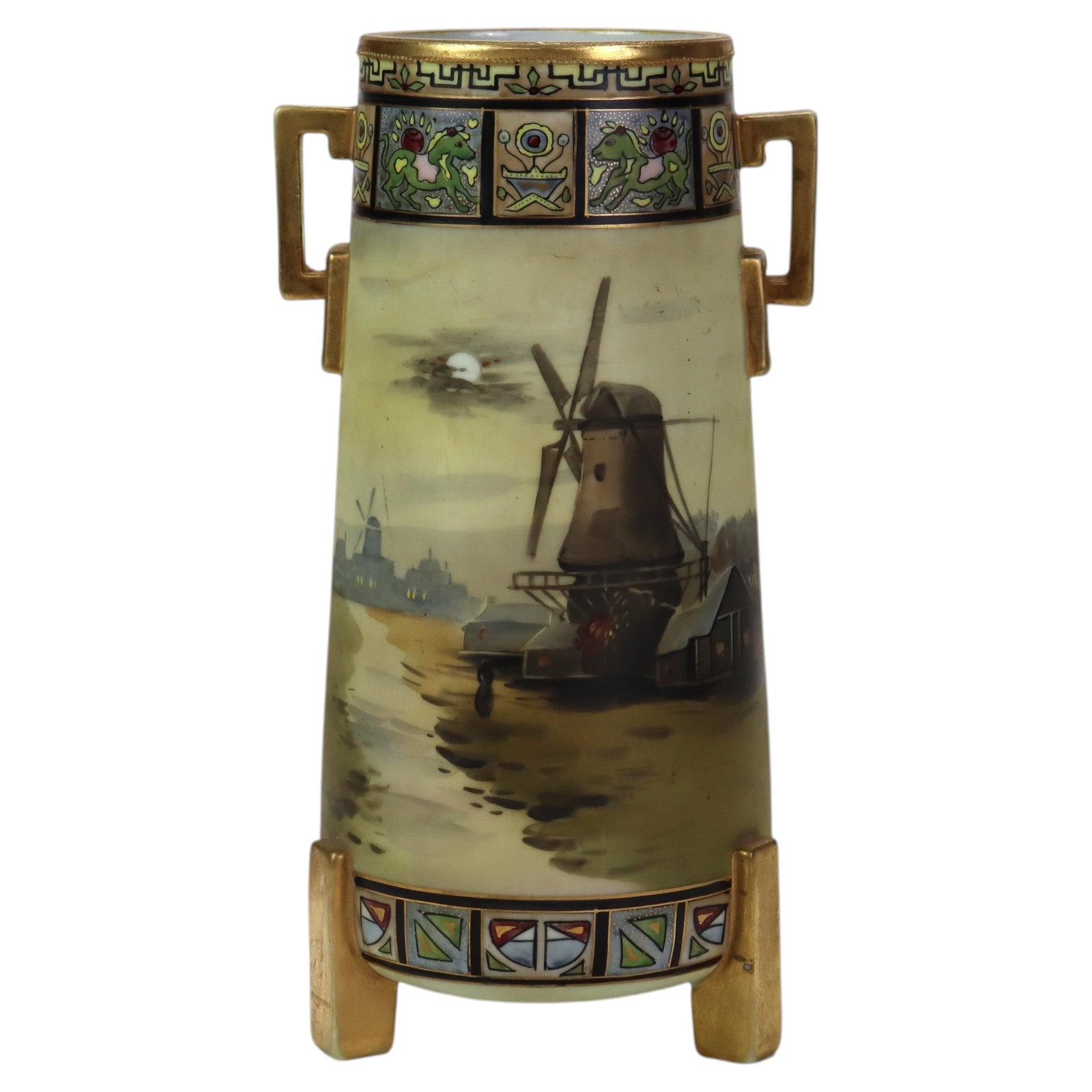 Signed C1920 Nippon Porcelain Footed Vase with Hand Painted Windmill Scene: Signed C1920 Nippon Porcelain Footed Vase with Hand Painted Windmill Scene Antique Nippon porcelain vase with a hand-painted scenic countryside windmill design. The footed form features intricate patt