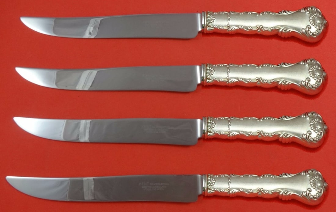 Frank Whiting Kings Court Sterling Silver Steak Knife Set 4-Piece Texas Sized: Frank Whiting Kings Court Sterling Silver Steak Knife Set 4-Piece Texas Sized Introducing the Kings Court Sterling Silver Steak Knife Set by Frank Whiting, a stunning addition to your flatware collect