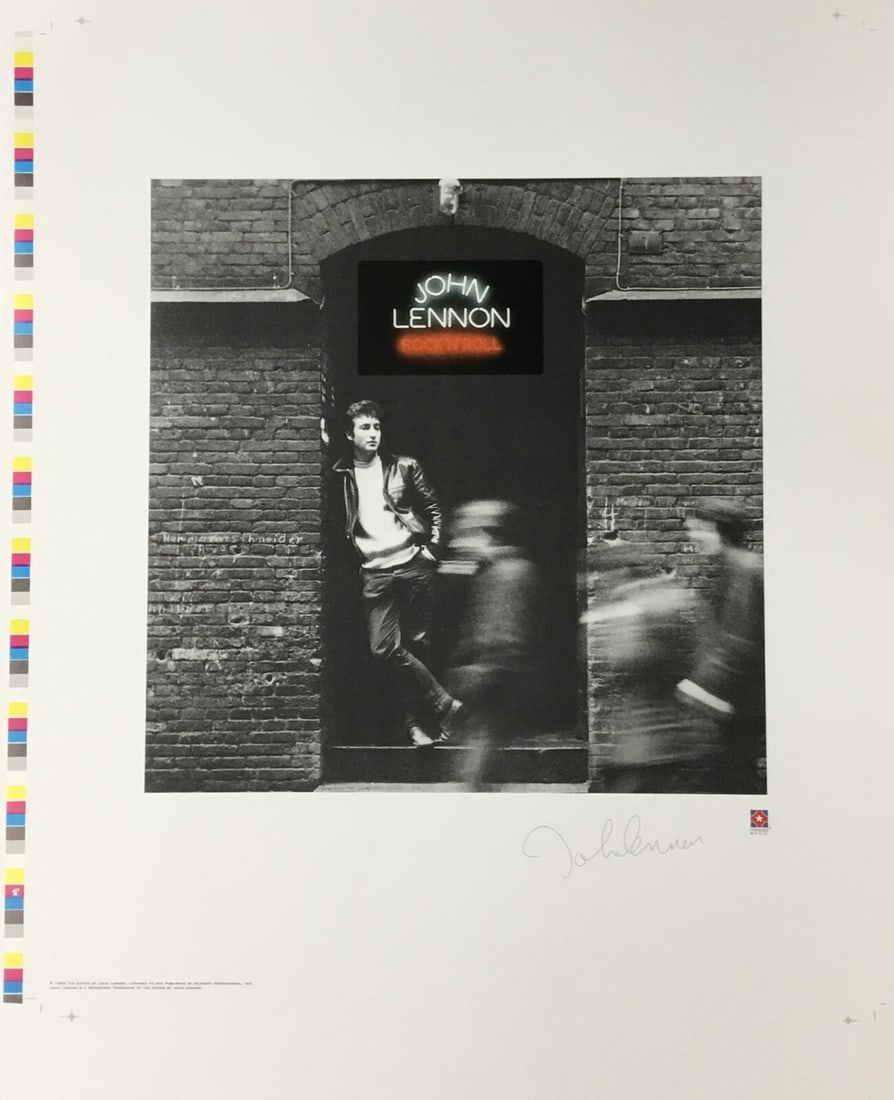 John Lennon Rock and Roll Uncut Lithograph Facsimile Signed 35 x 23: John Lennon Rock and Roll Uncut Lithograph Facsimile Signed 35 x 23 This remarkable lithograph features the iconic album cover art for John Lennon's "Rock and Roll." Measuring 35" x 23" with a paper s