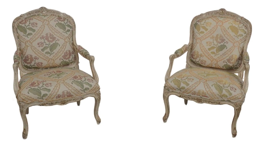 French style crackle paint fauteuil armchair pair white wood upholstery (1 of 10)