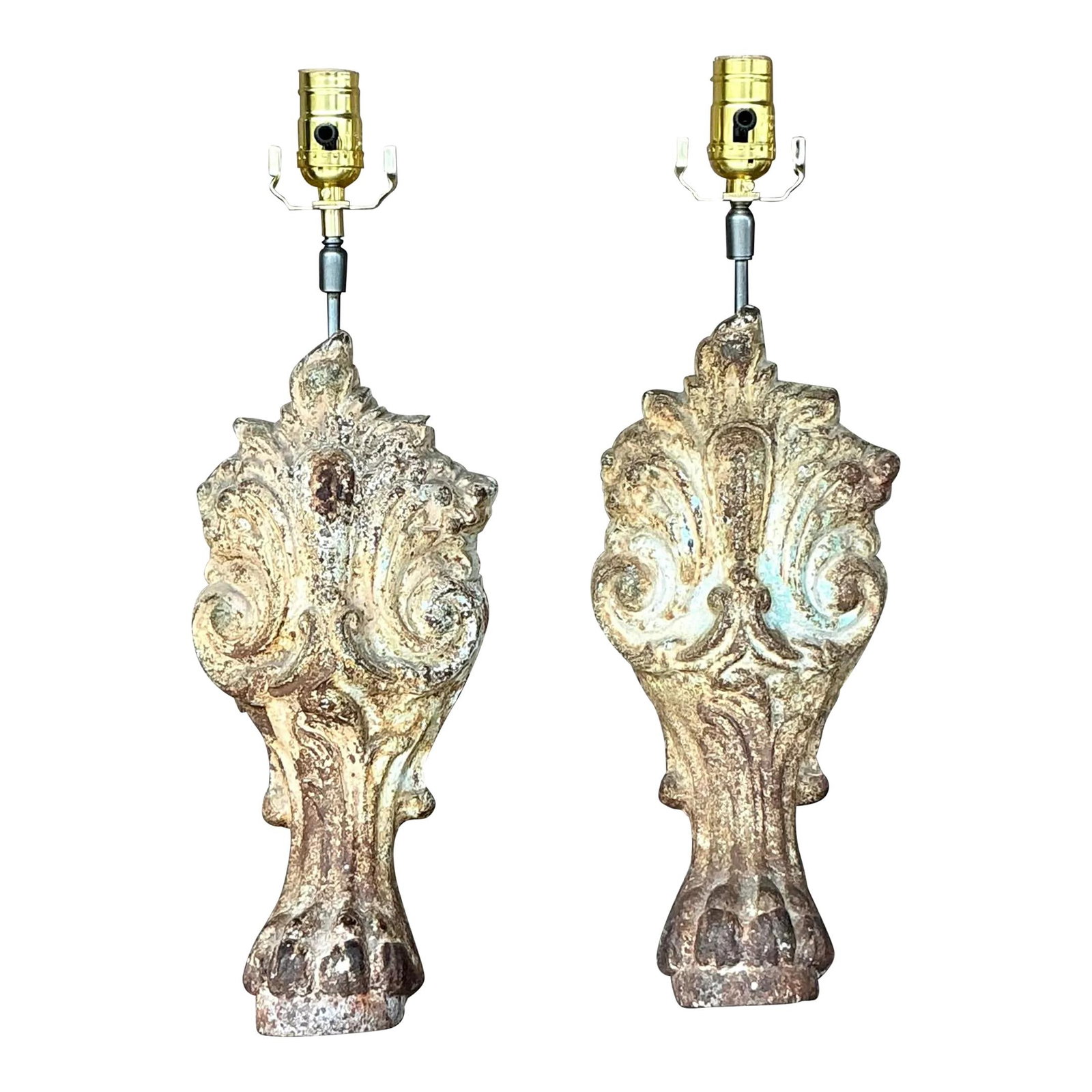 Vintage Boho Patinated Architectural Element Lamps Pair in Charcoal: Vintage Boho Patinated Architectural Element Lamps Pair in Charcoal Add a touch of bohemian sophistication to your home with this stunning pair of Vintage Boho Patinated Architectural Element Lamps. E