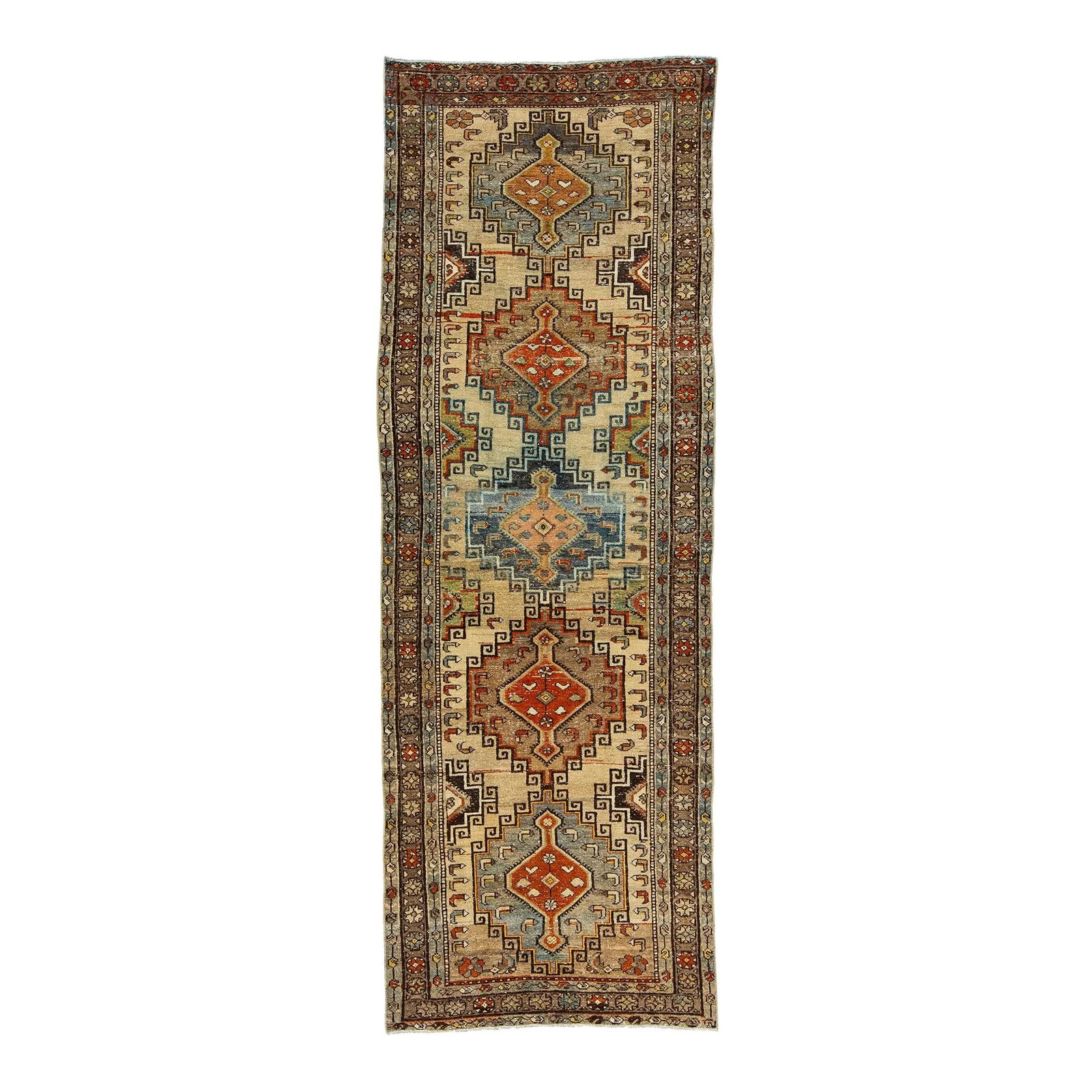 Antique Persian Wool Runner 3'3 x 9 Multicolor Geometric Design: Antique Persian Wool Runner 3'3 x 9 Multicolor Geometric Design Enhance your space with this exquisite antique Persian hand-knotted wool runner. Featuring a soft beige field adorned with vibrant rust,