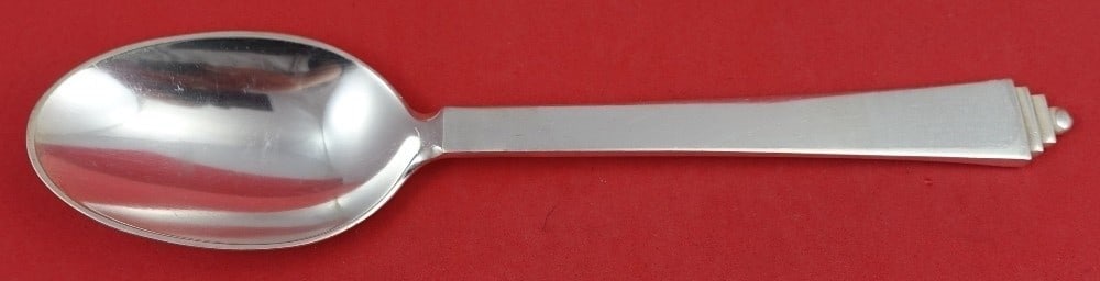 Sterling Silver Dessert Spoon Pyramid Pattern Raised Oval Mark 7 3/8 Inch: Sterling Silver Dessert Spoon Pyramid Pattern Raised Oval Mark 7 3/8 Inch This is a Georg Jensen dessert spoon in the Pyramid pattern, crafted from sterling silver. Featuring a raised dotted oval mark