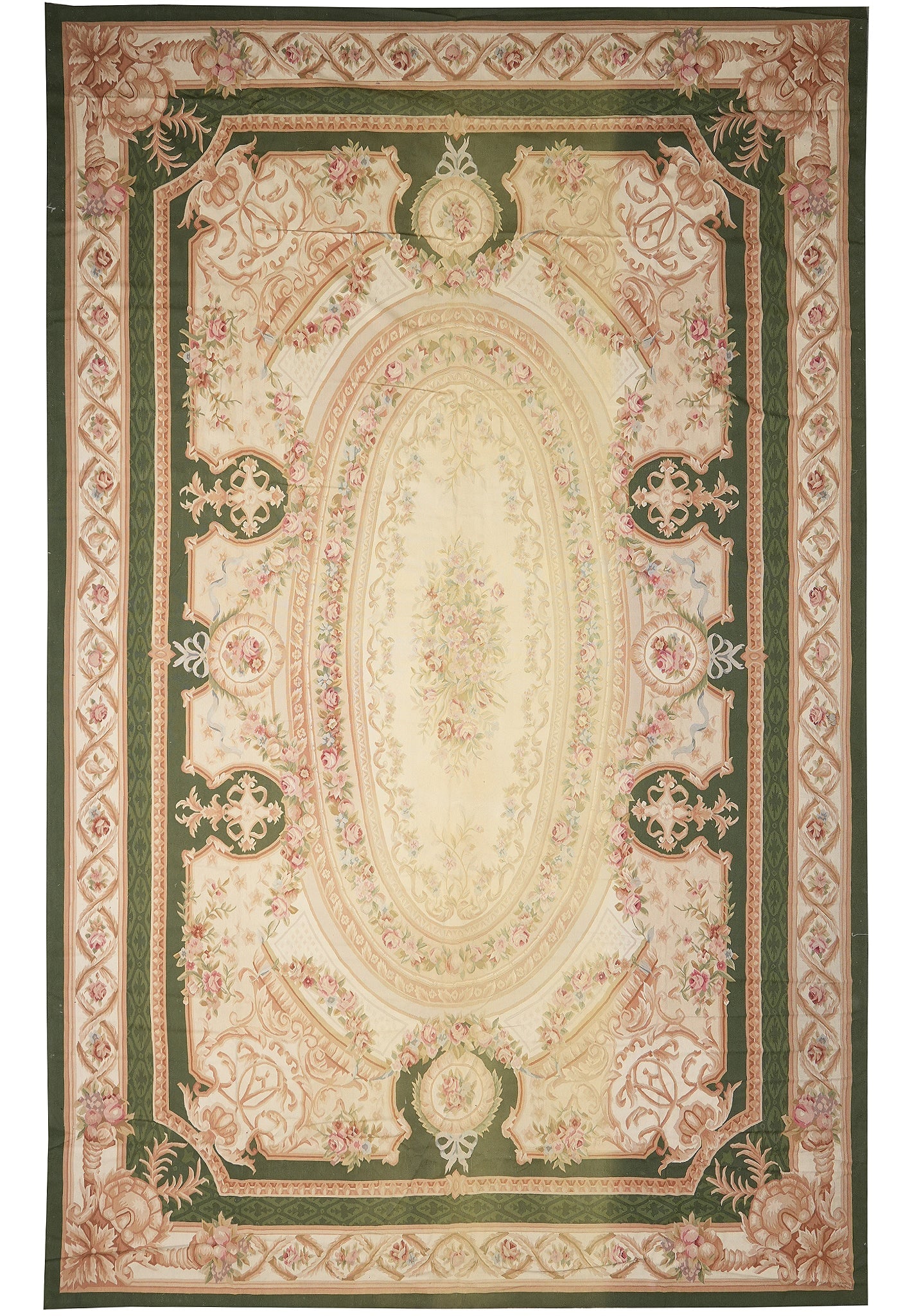12 x 18 Handwoven Aubusson Flat Weave Rug Ivory Green Wool: 12 x 18 Handwoven Aubusson Flat Weave Rug Ivory Green Wool Free continental US Shipping This 12 x 18 flat weave Aubusson rug features a serene ivory and green palette with delicate floral or medallion