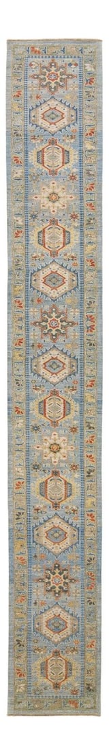 Handmade Sultanabad Geometric Blue Wool Runner 3' x 22'3: Handmade Sultanabad Geometric Blue Wool Runner 3' x 22'3 Enhance your space with this stunning Modern Sultanabad handmade wool runner, expertly crafted with a captivating blue field. The runner featur