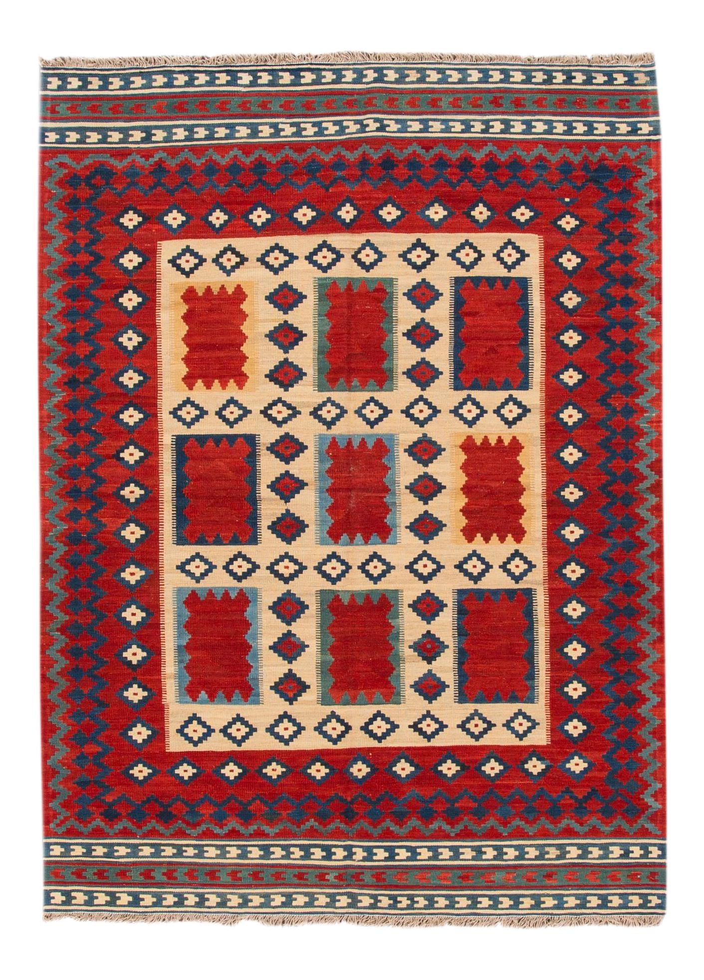 Modern Hand-Woven Persian Kilim Rug 5'5 X 7'4 Ivory Wool: Modern Hand-Woven Persian Kilim Rug 5'5 X 7'4 Ivory Wool Elevate your living space with this stunning 21st Century Modern Persian Kilim Rug. Hand-woven from high-quality wool, this rug features a capt