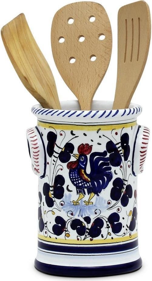 Handmade Ceramic Utensil Holder Orvieto Blue Rooster Collection: Handmade Ceramic Utensil Holder Orvieto Blue Rooster Collection This artisanal blue rooster kitchen utensil holder is a beautiful addition to any kitchen. Crafted in the traditional Deruta style, this