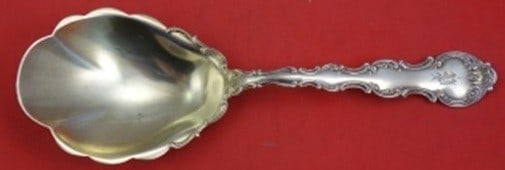 Gorham Strasbourg Sterling Silver Berry Spoon Gold Wash Applied Lacing 8 3/4: Gorham Strasbourg Sterling Silver Berry Spoon Gold Wash Applied Lacing 8 3/4 A sterling silver berry spoon in the Strasbourg pattern by Gorham, featuring a light gold wash, scalloped form, and applied