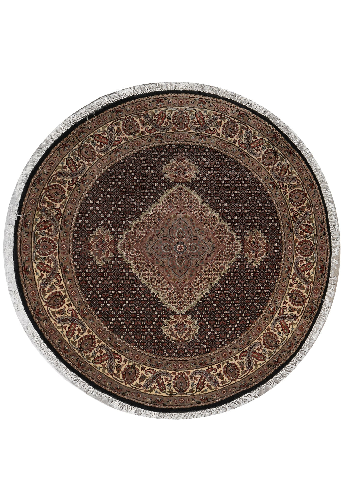 5 x 5 Feet Round Handmade Wool Silk Mahi Tabriz Rug: 5 x 5 Feet Round Handmade Wool Silk Mahi Tabriz Rug Free continental US Shipping This round handmade rug features a striking black Mahi Tabriz design with a classic repeating Herati motif. It is hand-
