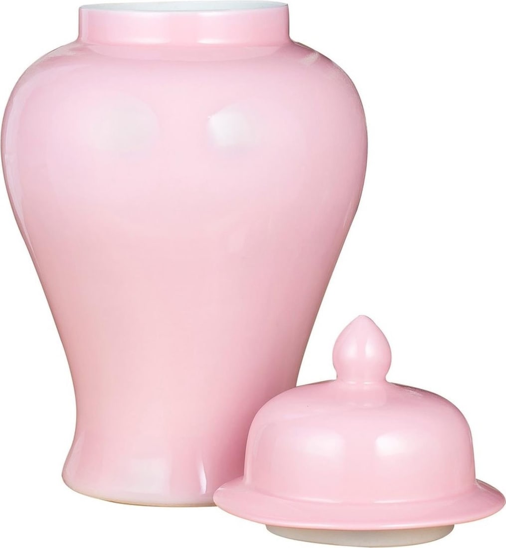 Blush Pink Porcelain Temple Jar Chinoiserie Style 18H: Blush Pink Porcelain Temple Jar Chinoiserie Style 18H Enhance your home decor with this exquisite blush pink temple jar, perfect for adding a touch of elegance. Crafted from high-quality porcelain, th