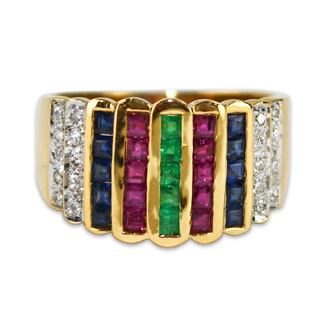 Unbranded 18K Gold Cocktail Ring with Sapphire Ruby Emerald Diamonds Size 7: Unbranded 18K Gold Cocktail Ring with Sapphire Ruby Emerald Diamonds Size 7 Pre-owned 18k yellow gold cocktail ring set with natural blue sapphires, rubies, and emeralds, accented by round brilliant c