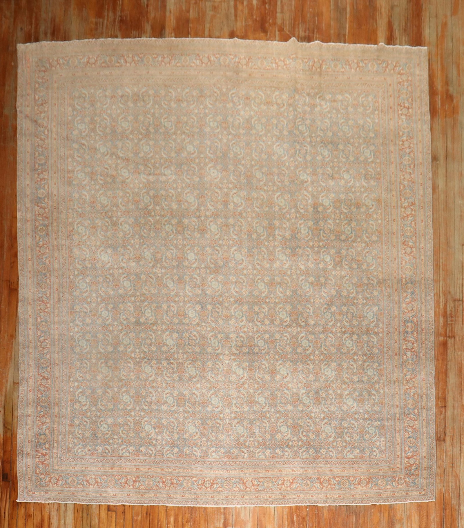9' 9" x 11' 8" Persian Tabriz room rug Herati design: 9' 9" x 11' 8" Persian Tabriz room rug Herati design Early 20th century Persian Tabriz rug featuring a blue and orange palette with white accents and an all-over Herati design. This pre-owned room-siz
