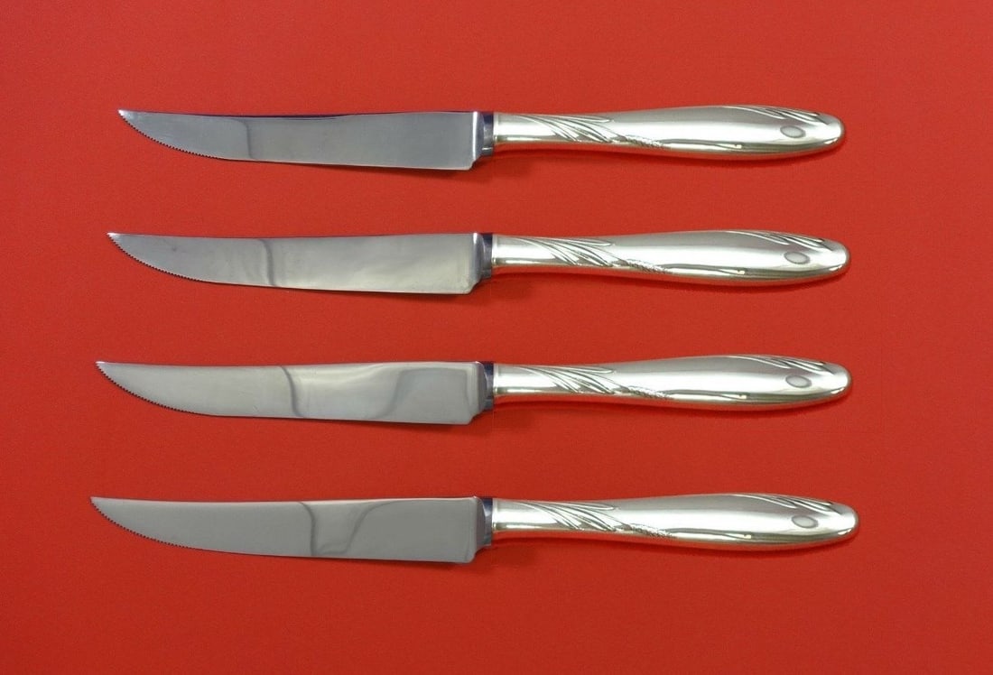 Gorham Willow Sterling Silver Steak Knife Set 4pc Custom Made 8.5": Gorham Willow Sterling Silver Steak Knife Set 4pc Custom Made 8.5" Elevate your dining experience with this exquisite 4-piece Steak Knife Set from Gorham, crafted in the elegant Willow pattern. Each k