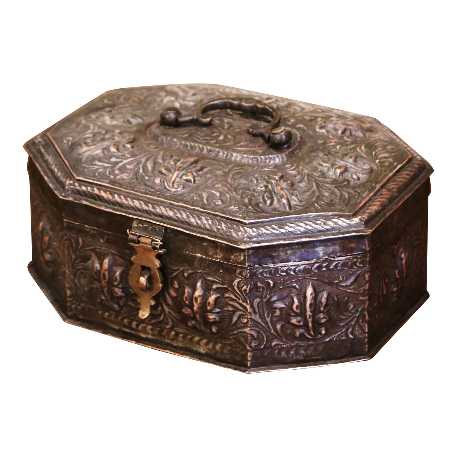 19th Century French Silvered Metal Octagonal Spice Casket with Repousse Motifs: 19th Century French Silvered Metal Octagonal Spice Casket with Repousse Motifs This exquisite 19th Century French octagonal spice casket, crafted circa 1860 in southern France, showcases a stunning si