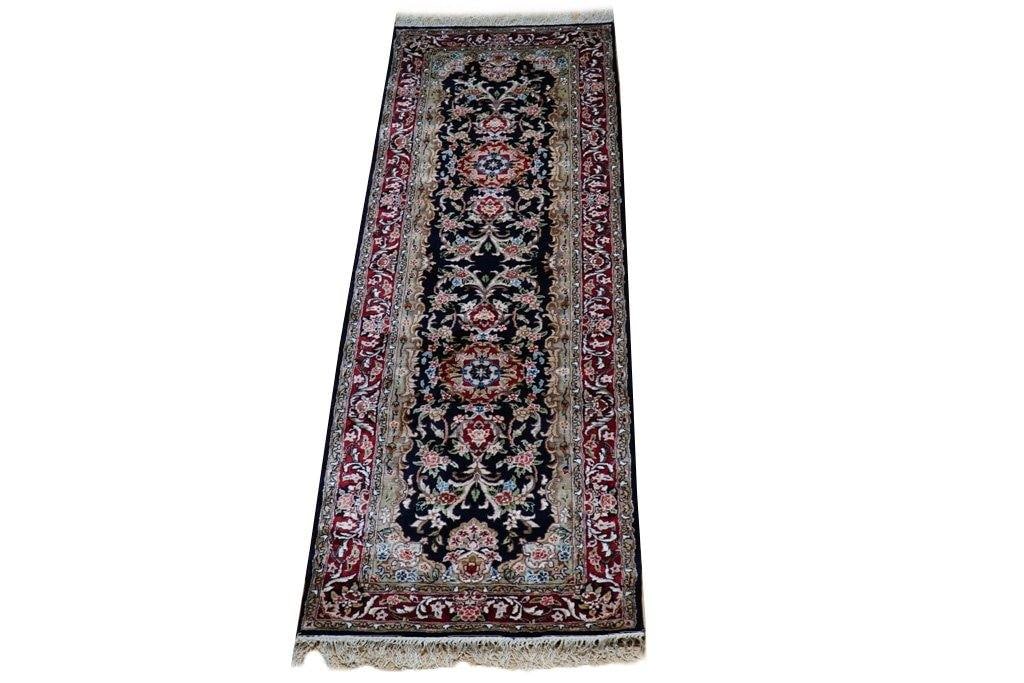 Handmade 2.7 x 8 Navy Blue Bamboo Silk Aubusson Runner Rug: Handmade 2.7 x 8 Navy Blue Bamboo Silk Aubusson Runner Rug Free continental US Shipping Introducing an exquisite Navy Blue French/European Bamboo Silk Aubusson Runner, a stunning blend of timeless ele