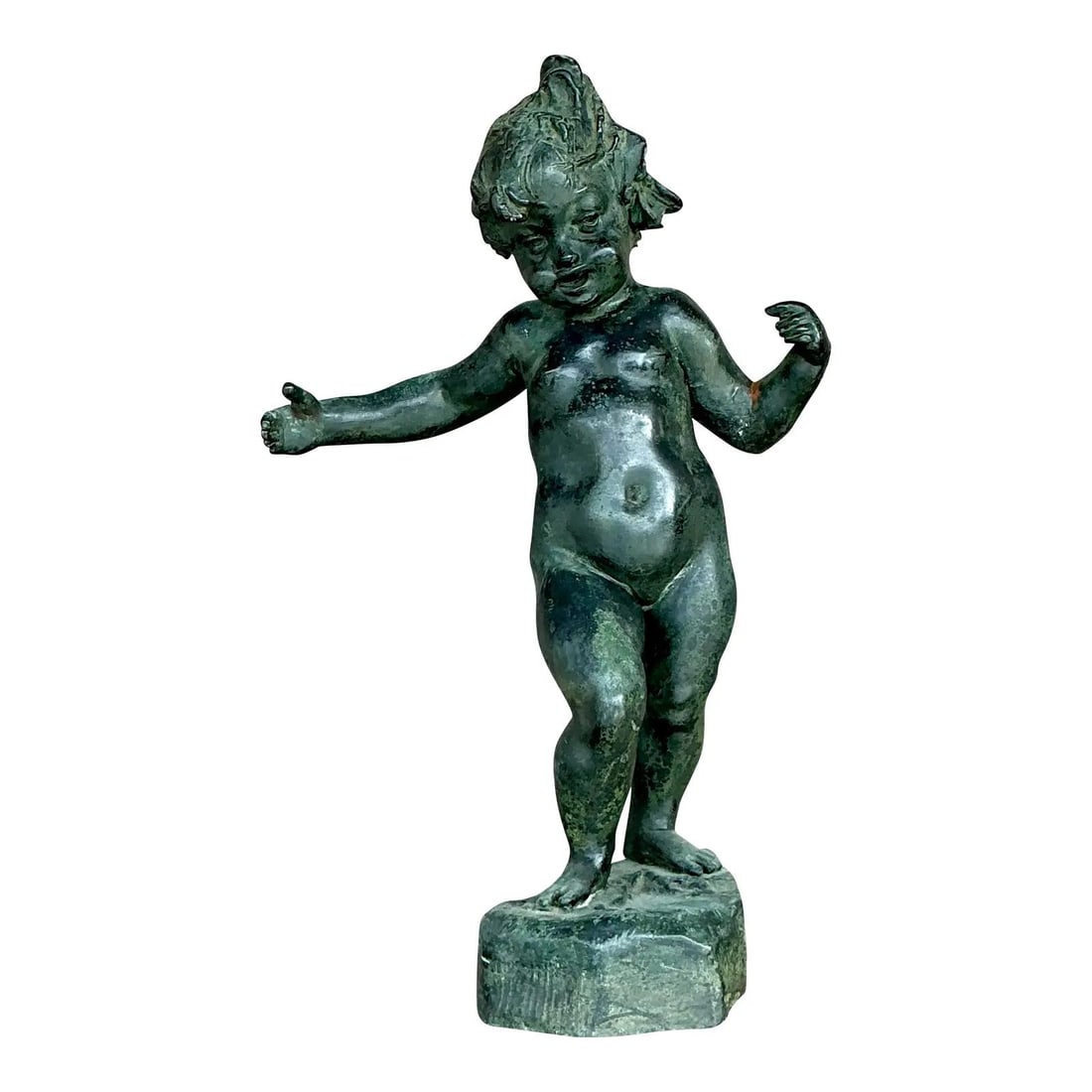 Vintage Patinated Bronze Cherub Sculpture 22.75" Tall: Vintage Patinated Bronze Cherub Sculpture 22.75" Tall Enhance your decor with the delightful Vintage Patinated Cherub Sculpture, a perfect blend of classical charm and whimsical spirit. This statue, c