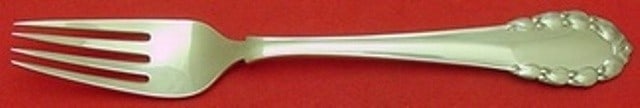 Georg Jensen Lily of the Valley Sterling Silver 8 inch Dinner Fork: Georg Jensen Lily of the Valley Sterling Silver 8 inch Dinner Fork Sterling silver dinner fork in the Lily of the Valley pattern by Georg Jensen. This large 8-inch fork is made in Denmark, is not mono
